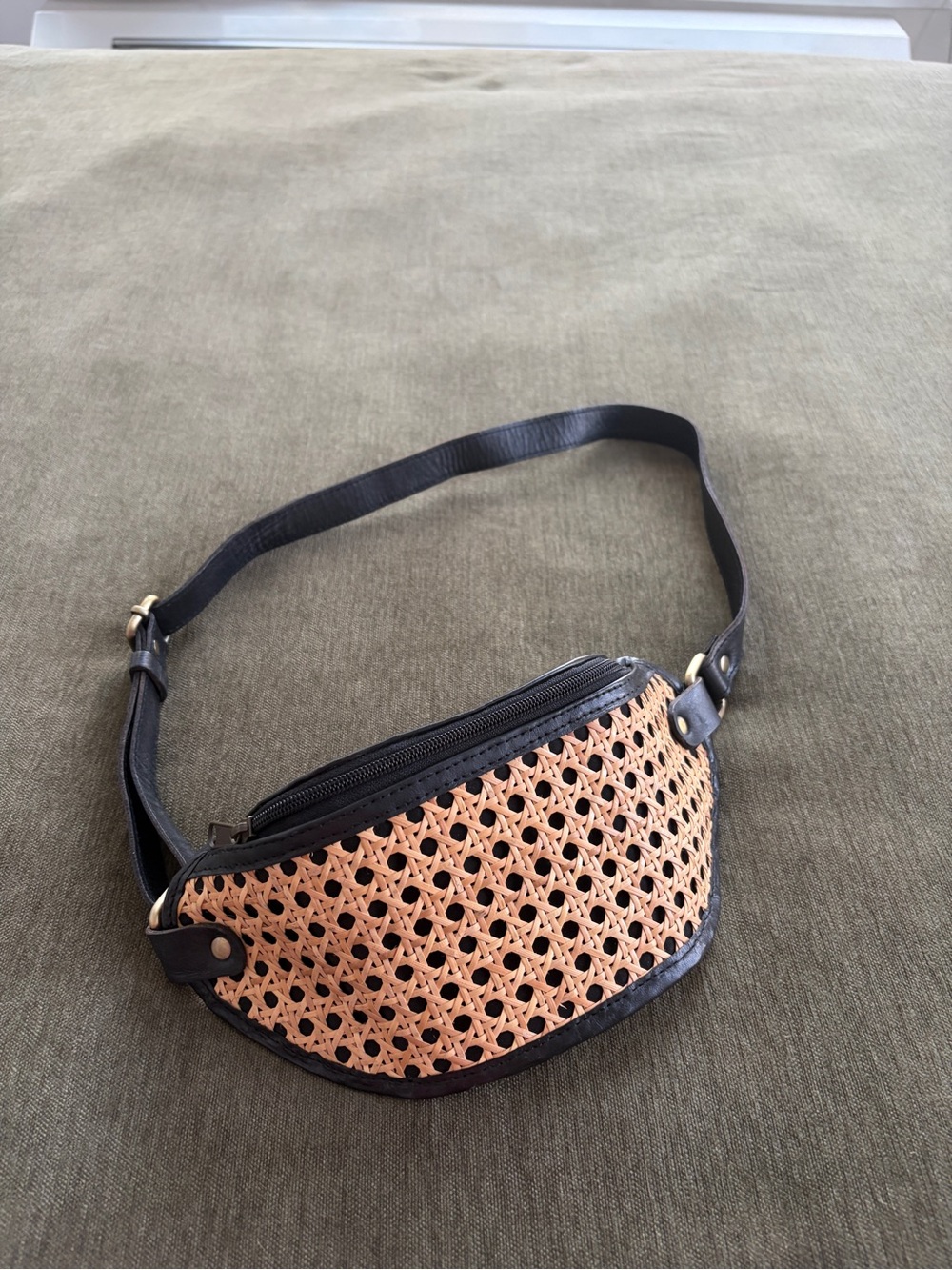 Woven Straw and Black Leather Belt Bag